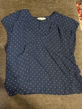 LOFT Navy with White Polka Dot Cap Sleeve Blouse
